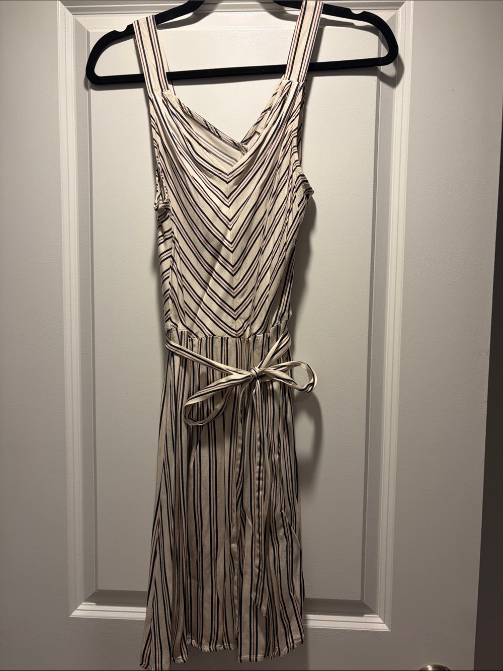a new day Cream and Black Striped Sleeveless Midi Dress with Tie Belt
